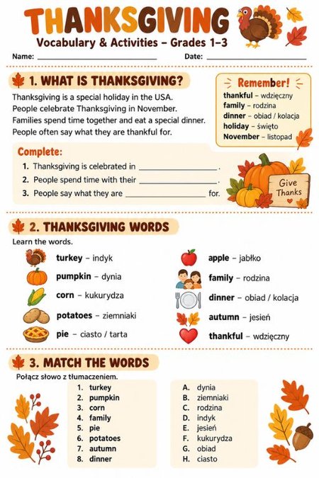 THANKSGIVING | KLASA 1 -3 | KARTA PRACY