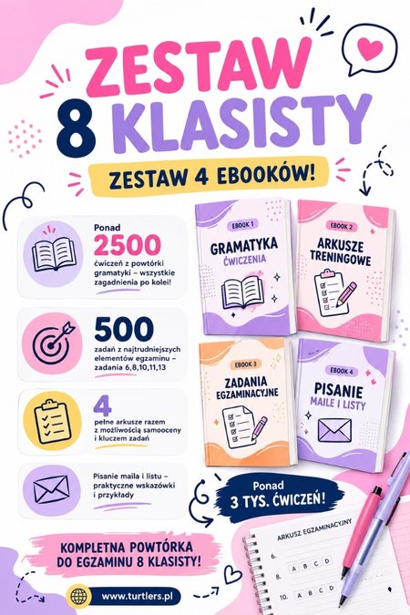 KOMPLEKSOWA POWTÓRKA 8 KLASISTY ( ZESTAW 4 EBOOKÓW: PONAD 3000 ĆWICZEŃ ) + PLANNER GRATIS!