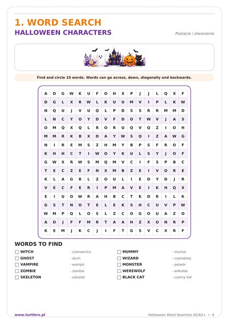 HALLOWEEN | WORD SEARCH | KARTA PRACY DLA KLAS 4 - 7 | A2+ 