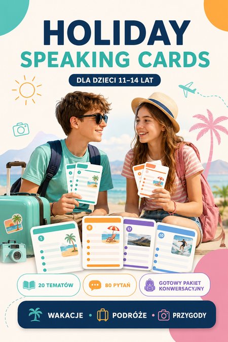 ZESTAW ZADAŃ + SPEAKING + GRAMATYKA DLA DZIECI 11 - 14 LAT: WAKACJE + 20 SPEAKING CARDS GRATIS ! 