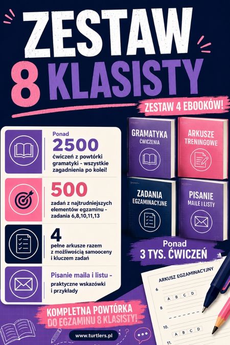 KOMPLEKSOWA POWTÓRKA 8 KLASISTY ( ZESTAW 4 EBOOKÓW: PONAD 3000 ĆWICZEŃ ) + PLANNER GRATIS!